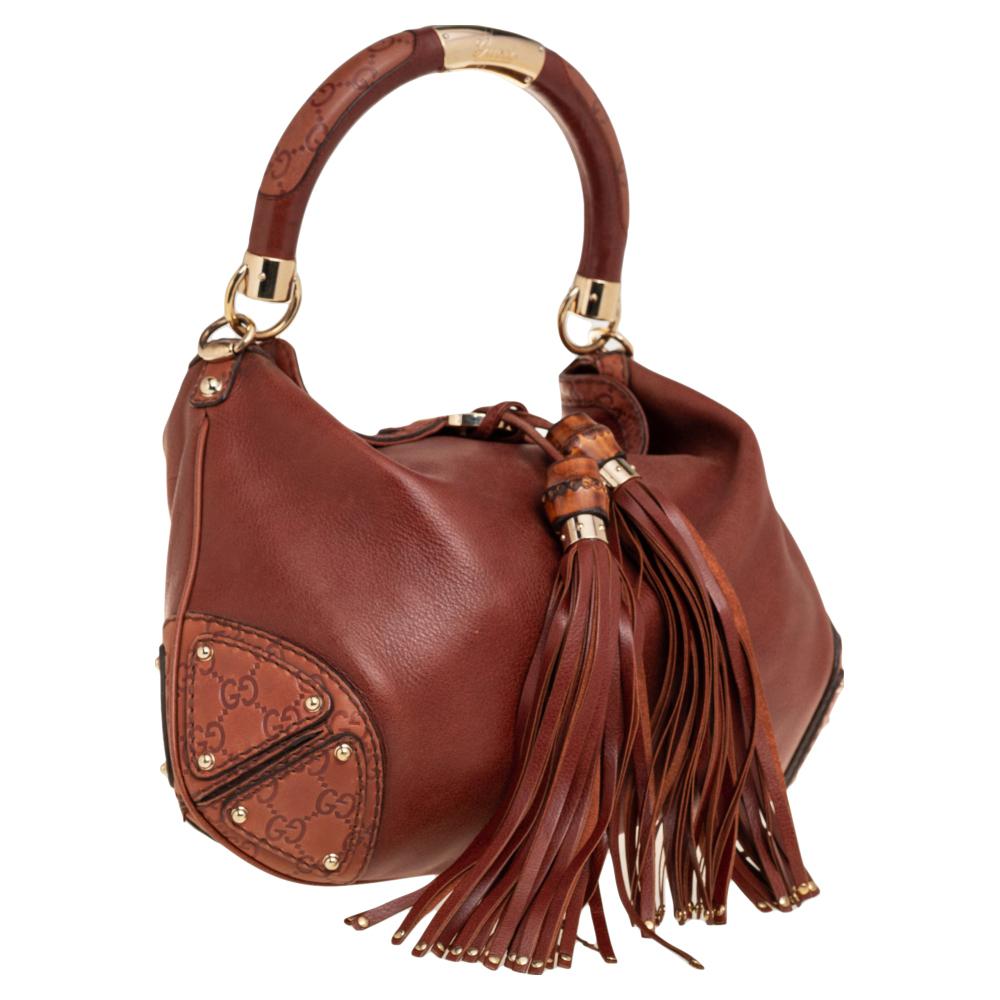 Gucci Brown Leather Medium Babouska Indy Hobo In Good Condition In Dubai, Al Qouz 2