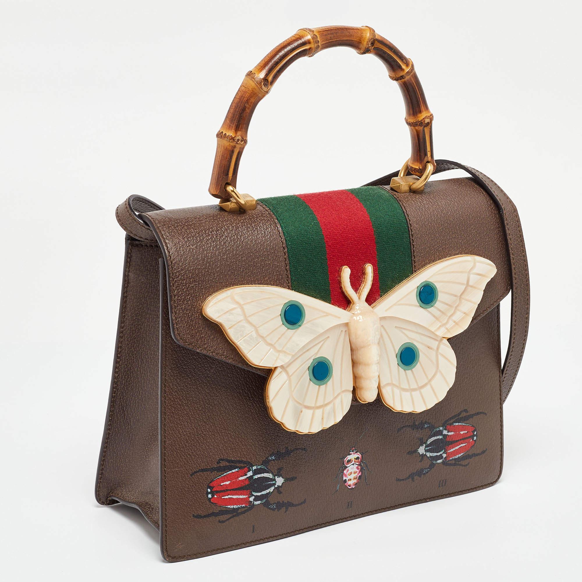 Black Gucci Brown Leather Medium Bamboo Web Falena Top Handle Bag For Sale