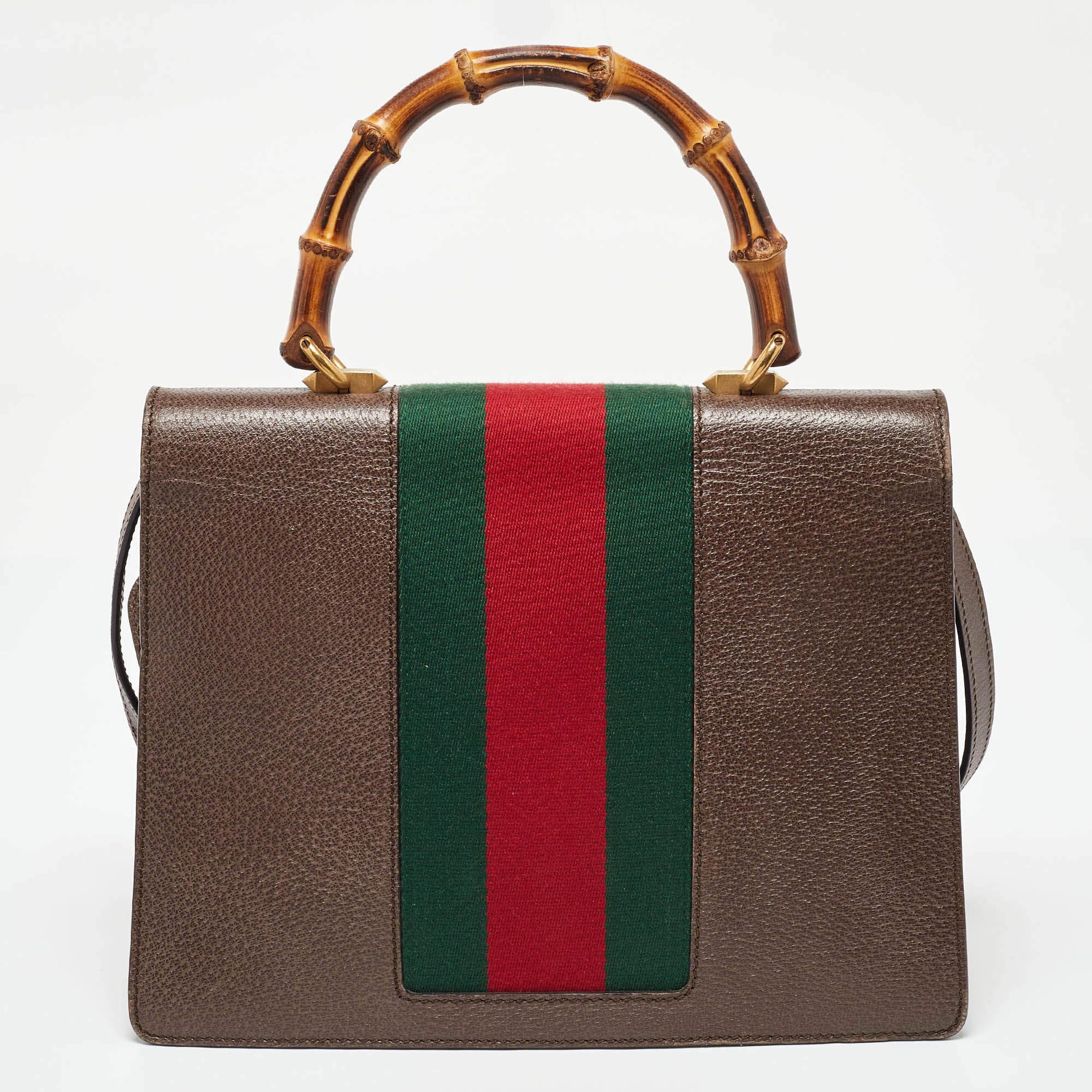 Gucci Brown Leather Medium Bamboo Web Falena Top Handle Bag In Good Condition For Sale In Dubai, Al Qouz 2