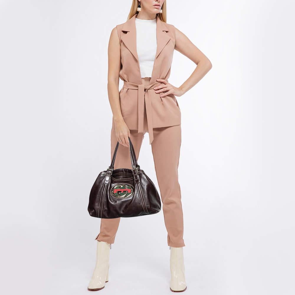 Gray Gucci Brown Leather Medium GG Britt Shoulder Bag