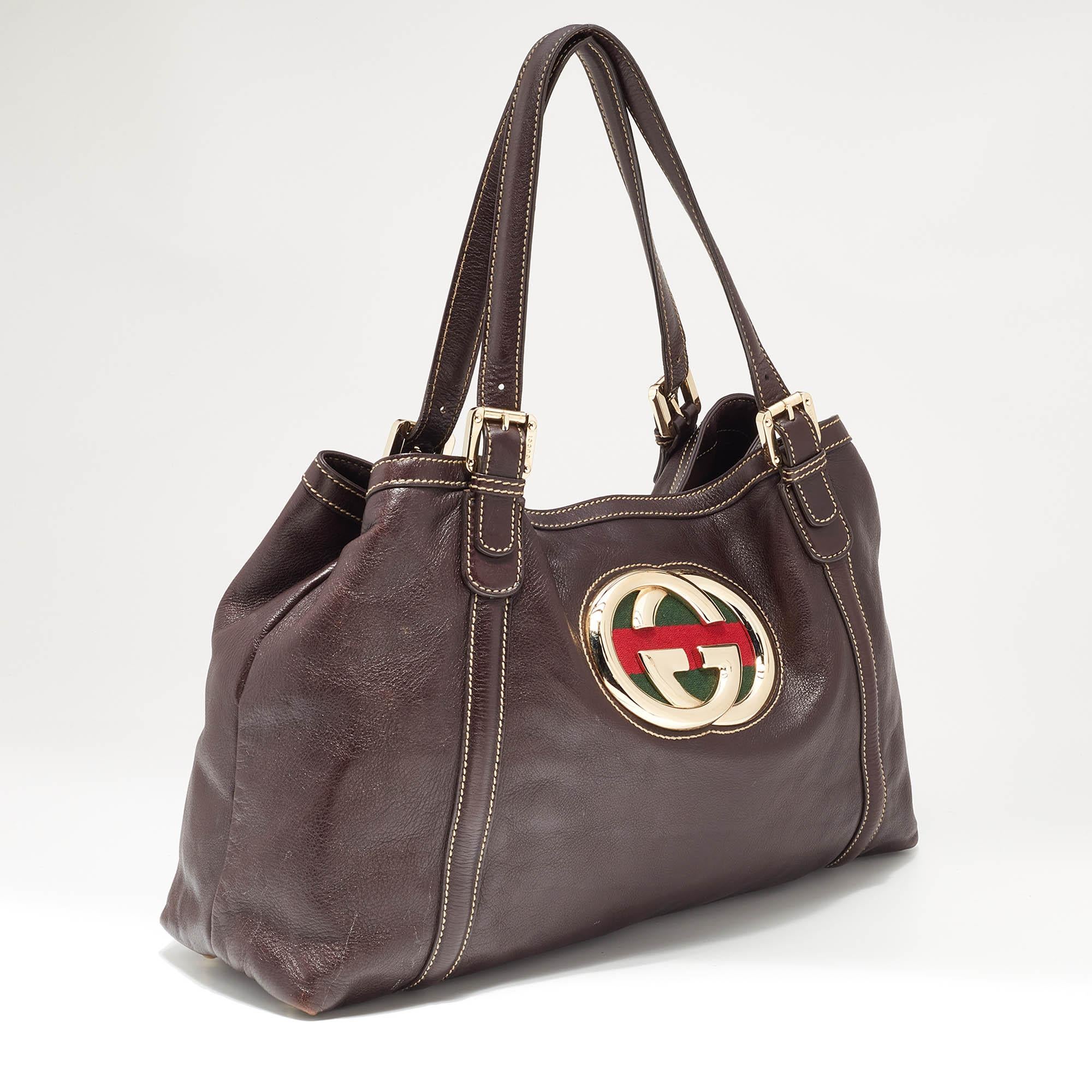 Gucci Brown Leather Medium GG Britt Shoulder Bag In Fair Condition In Dubai, Al Qouz 2