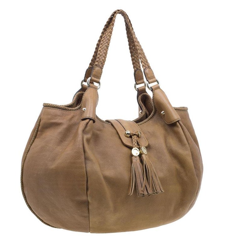 Gucci Brown Leather Medium Marrakech Tassels Metal G Hobo For Sale at