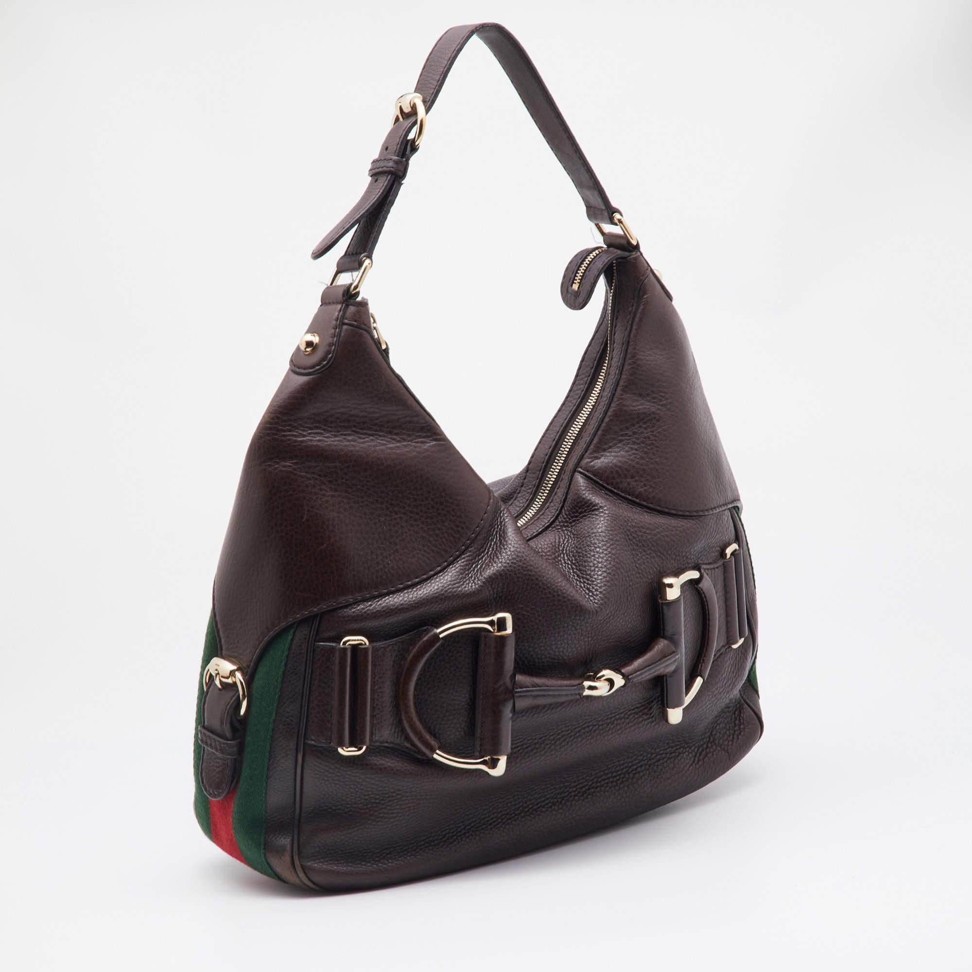 Gucci Brown Leather Medium Web Horsebit Heritage Hobo In Fair Condition In Dubai, Al Qouz 2