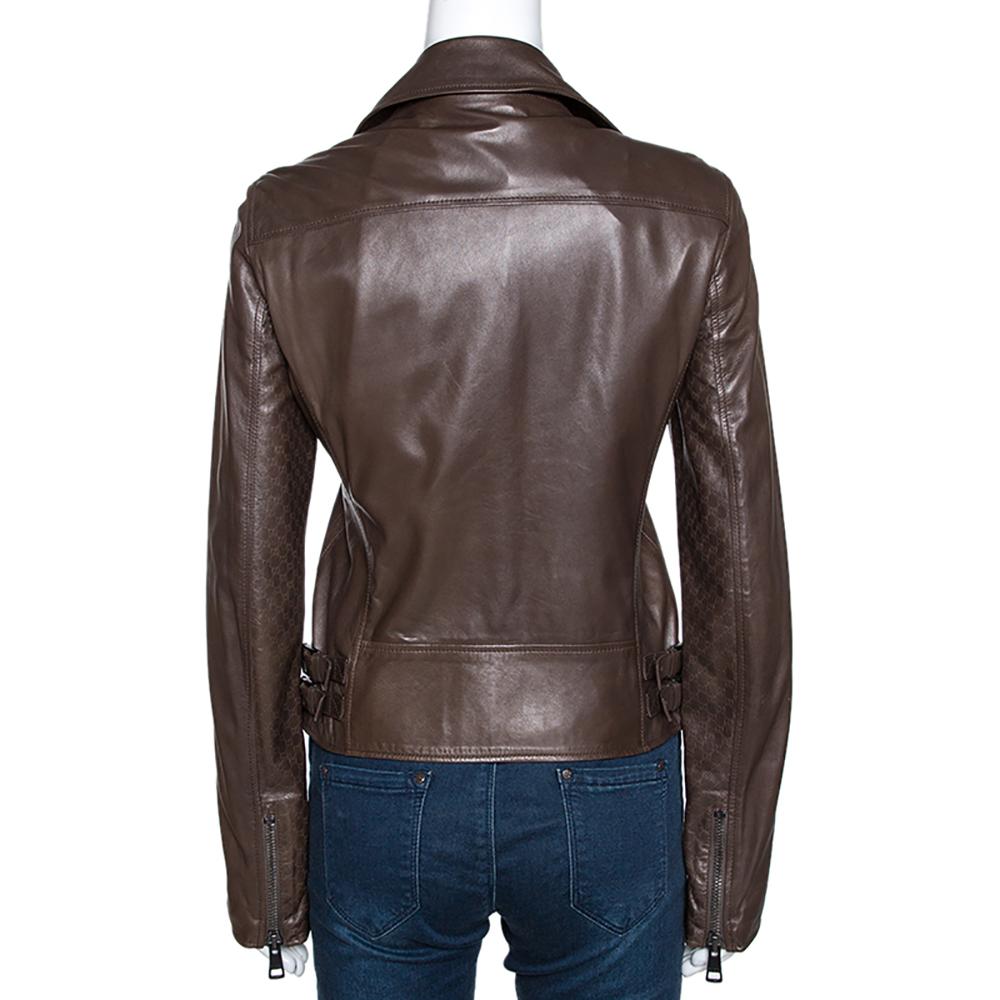 Black Gucci Brown Leather Monogram Detail Zip Front Jacket M