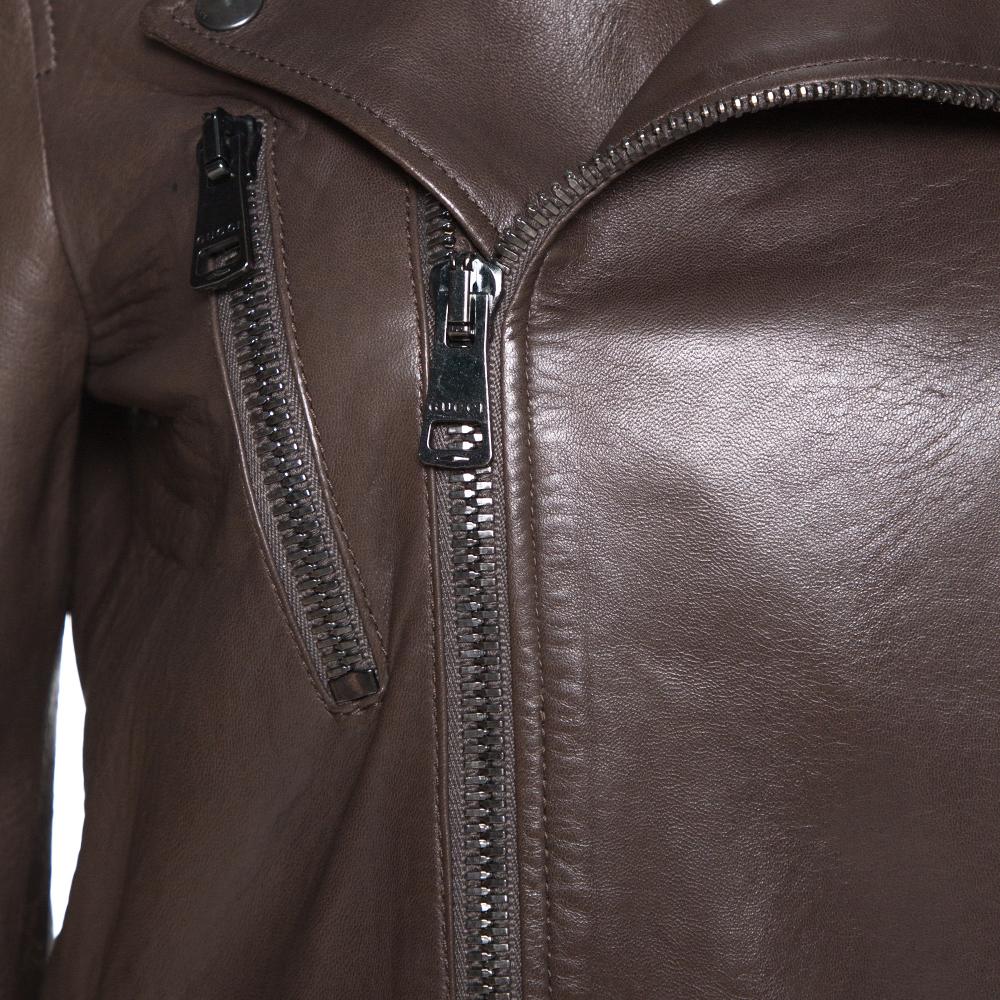 Women's Gucci Brown Leather Monogram Detail Zip Front Jacket M