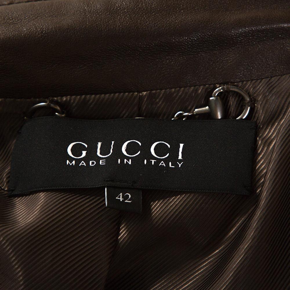 Gucci Brown Leather Monogram Detail Zip Front Jacket M 1