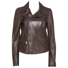 Gucci Brown Leather Monogram Detail Zip Front Jacket M