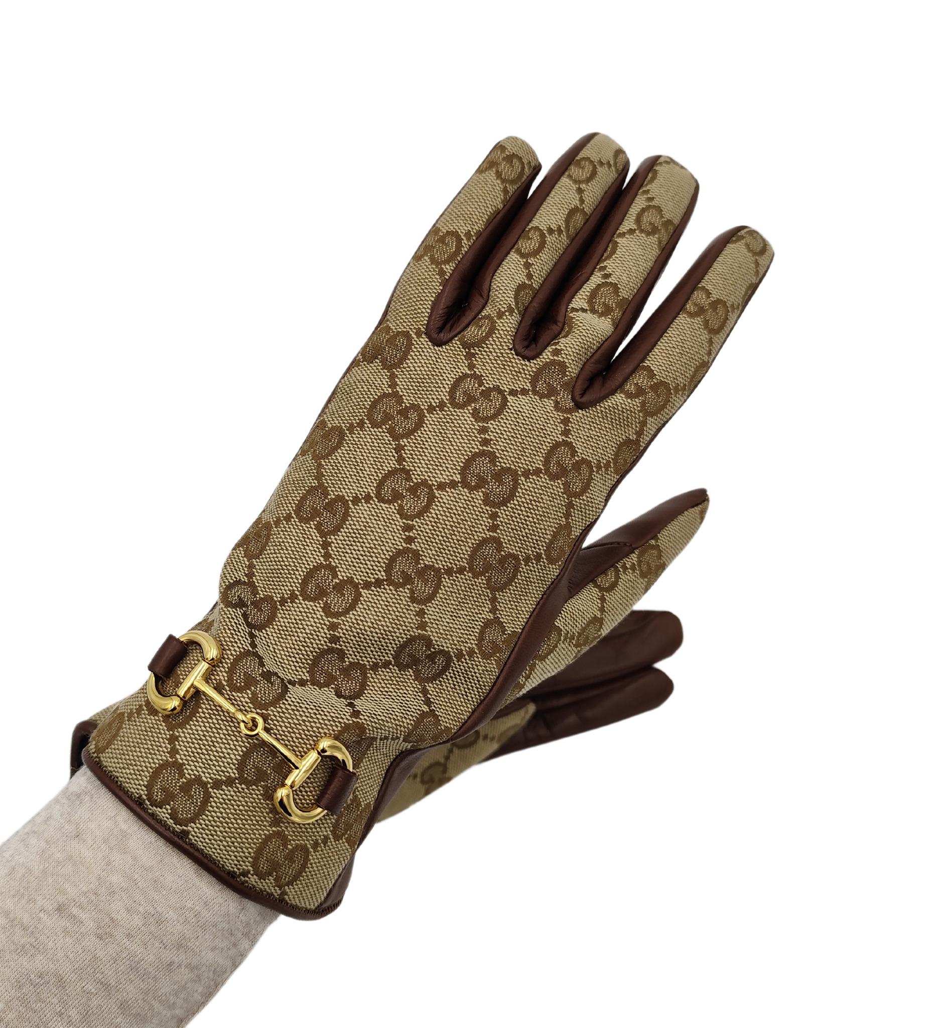 Women's Gucci brown leather monogram horsebit gloves For Sale