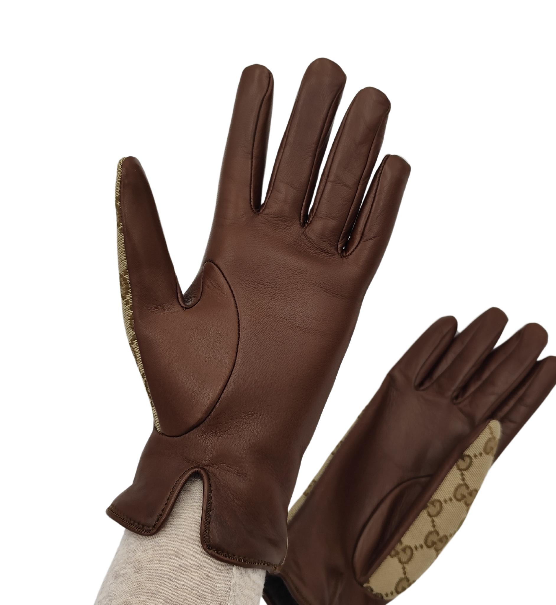 Gucci brown leather monogram horsebit gloves For Sale 1