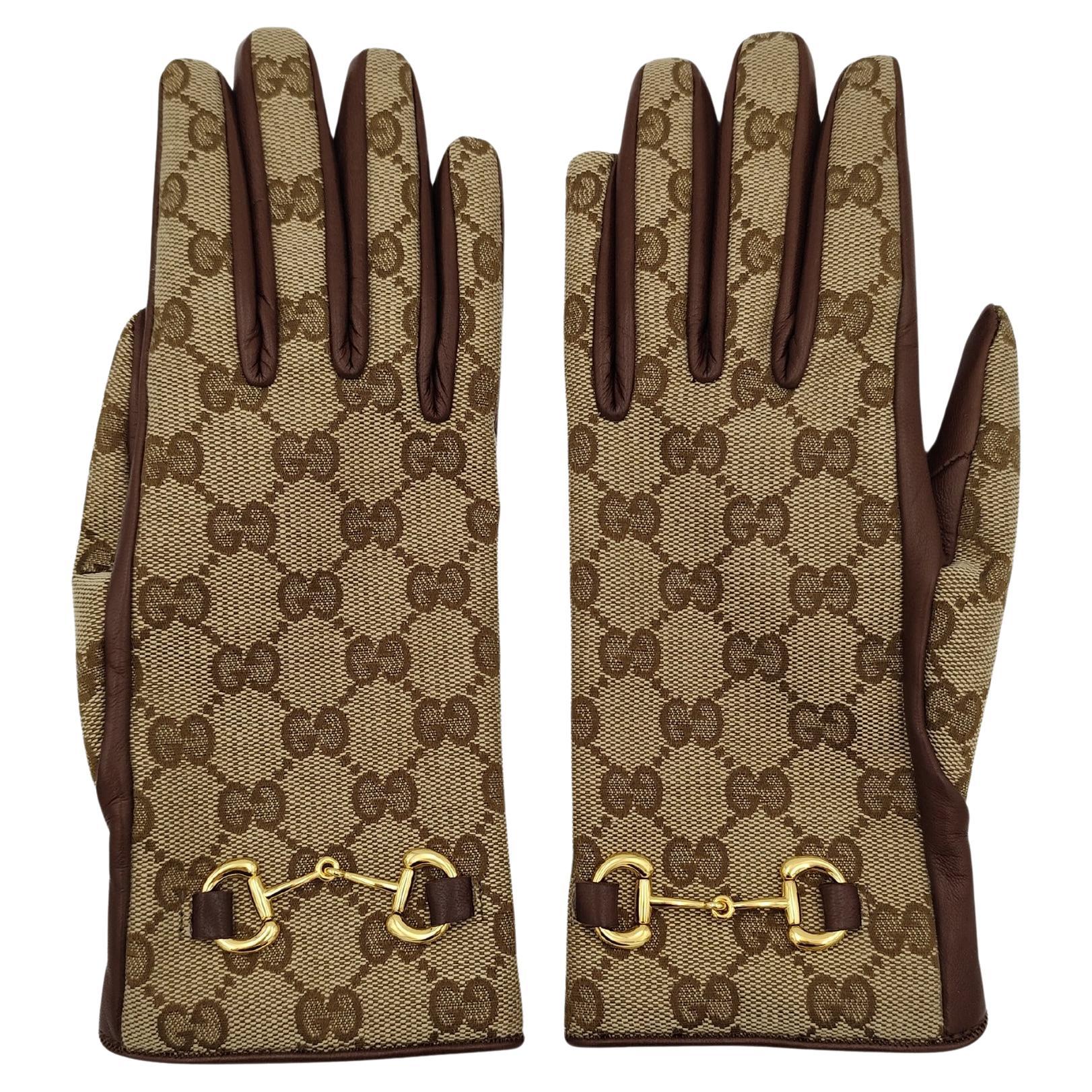 Gucci brown leather monogram horsebit gloves