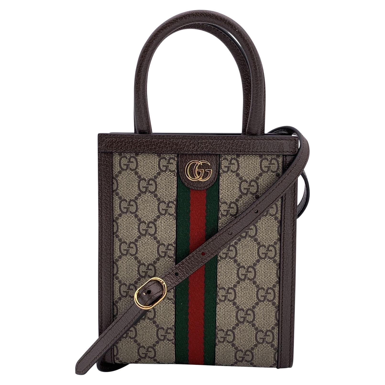 Gucci Mini Shopping Crossbody in pelle marrone Monogram Ophidia in vendita