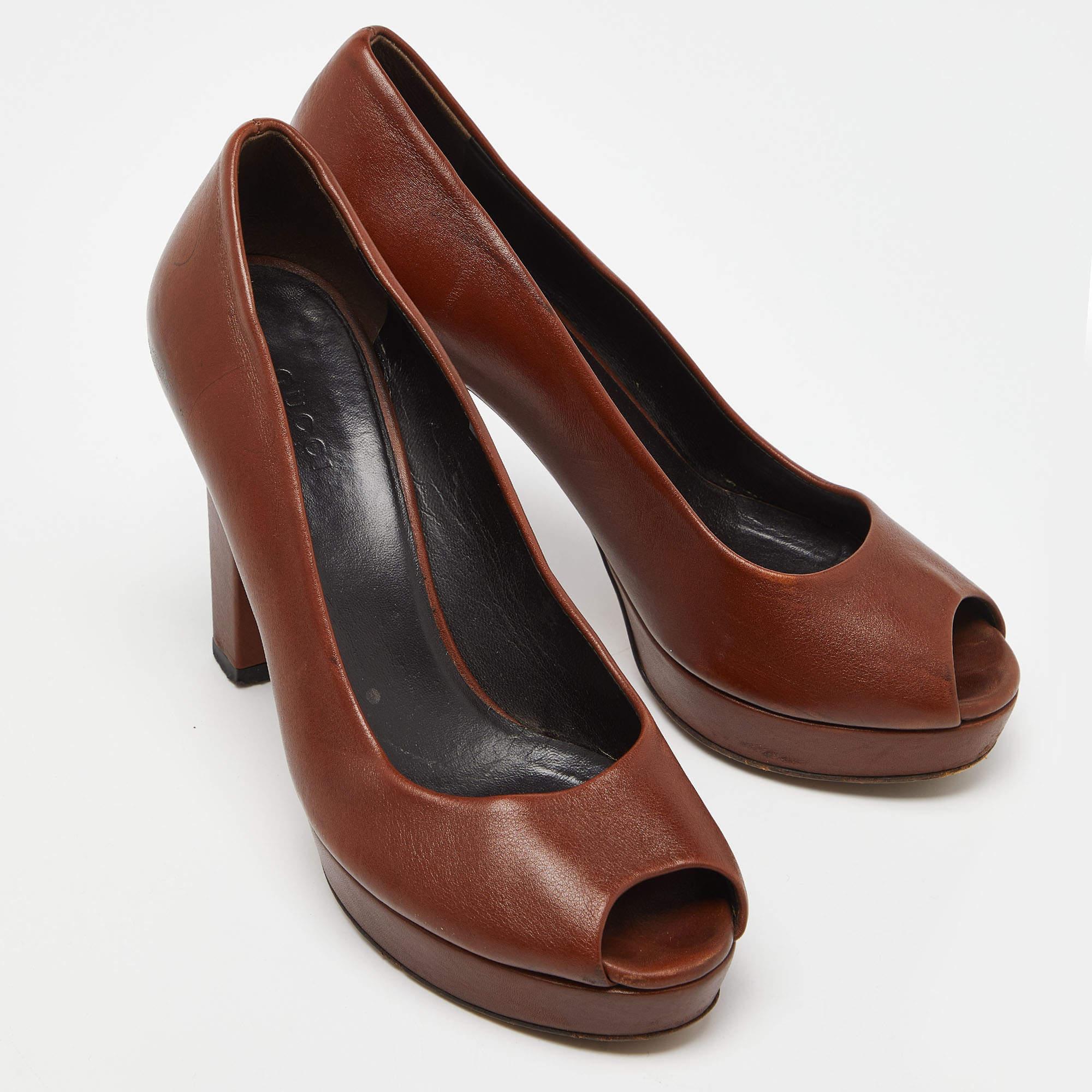 Women's Gucci Brown Leather Peep Toe Platform Pumps Size 36.5 For Sale
