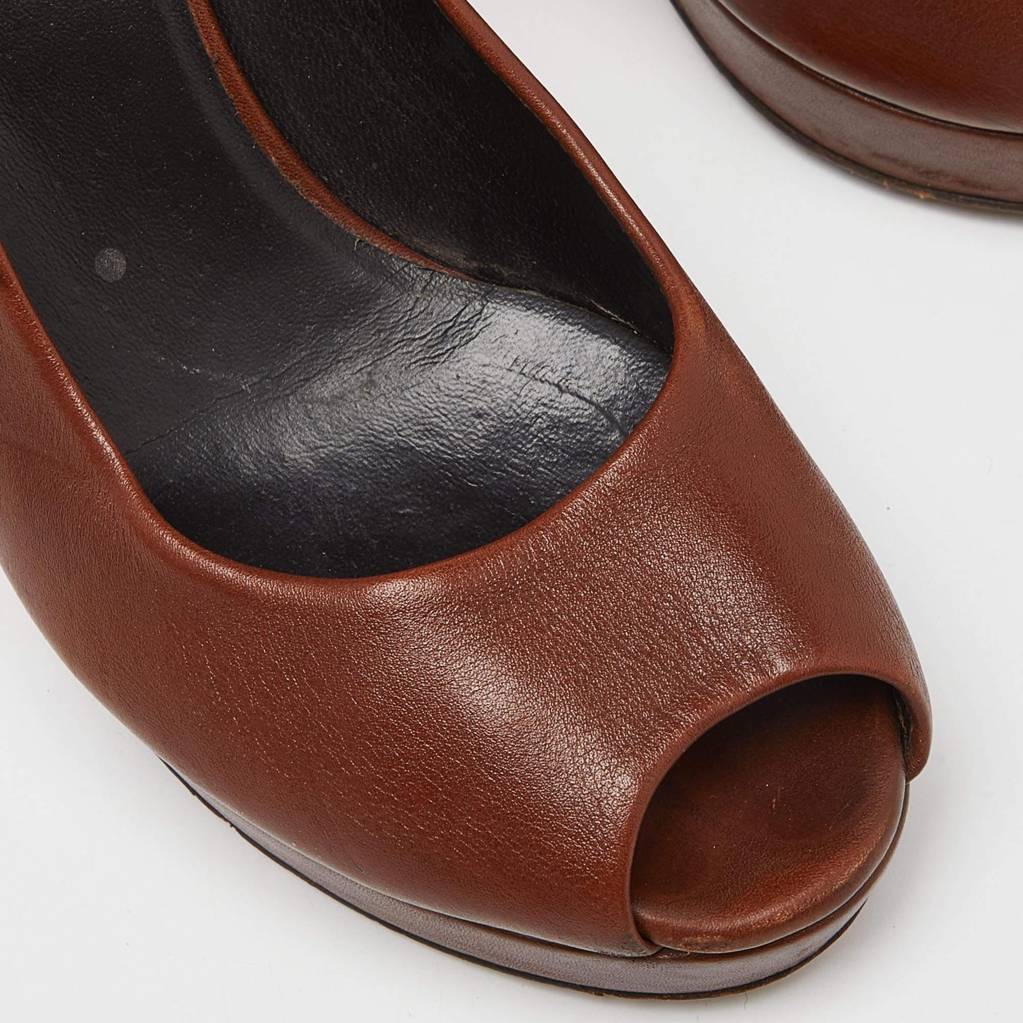 Gucci Brown Leather Peep Toe Platform Pumps Size 36.5 For Sale 4