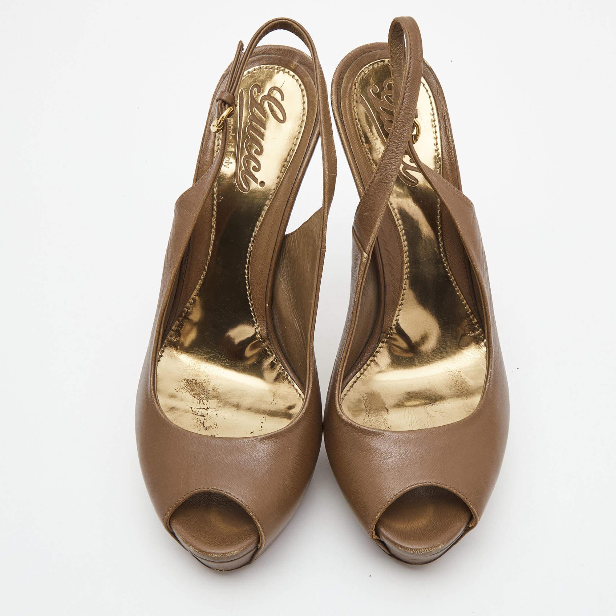 Gucci Brown Leather Peep Toe Platform Slingback Pumps Size 37 In Good Condition In Dubai, Al Qouz 2