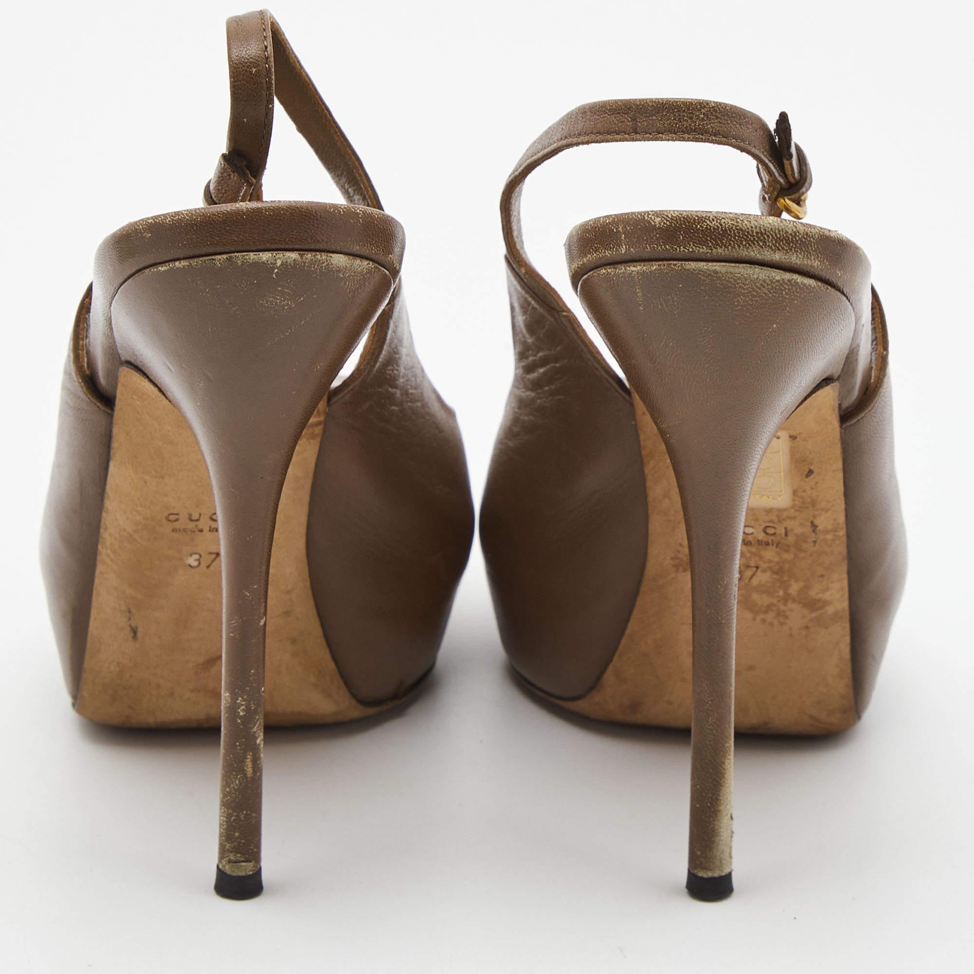 Gucci Brown Leather Peep Toe Platform Slingback Pumps Size 37 1