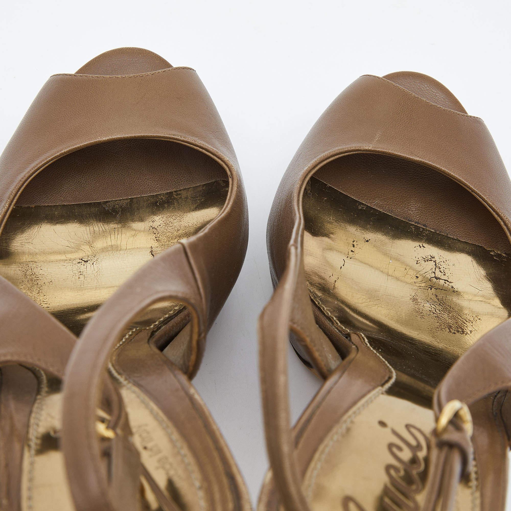 Gucci Brown Leather Peep Toe Platform Slingback Pumps Size 37 5