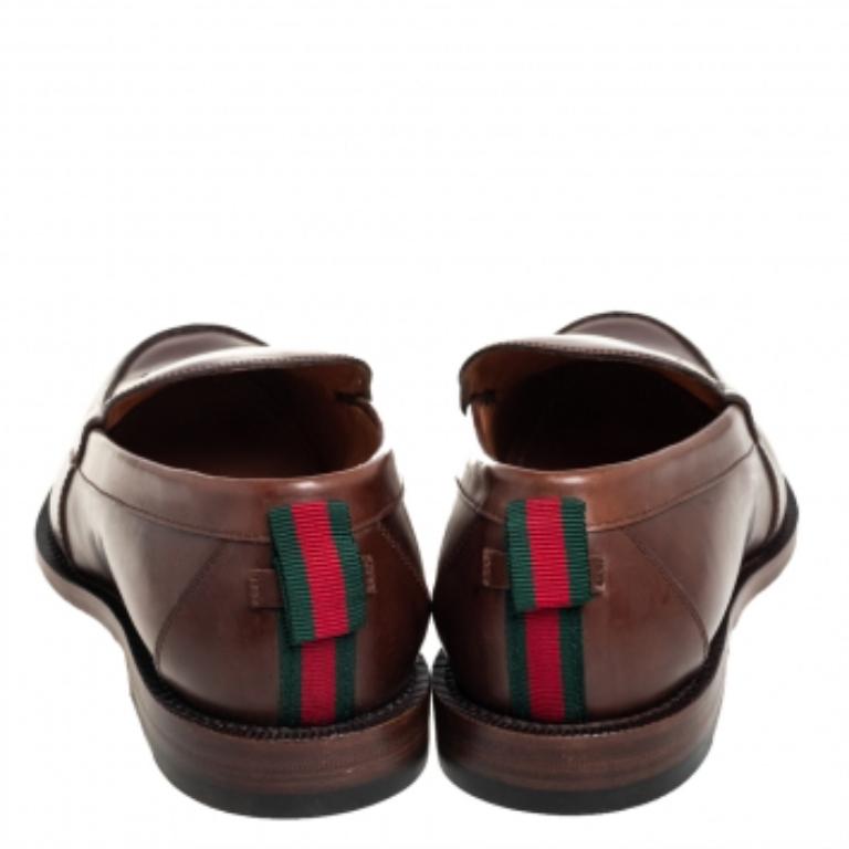 Black Gucci Brown Leather Penny Loafers Size 42.5 For Sale