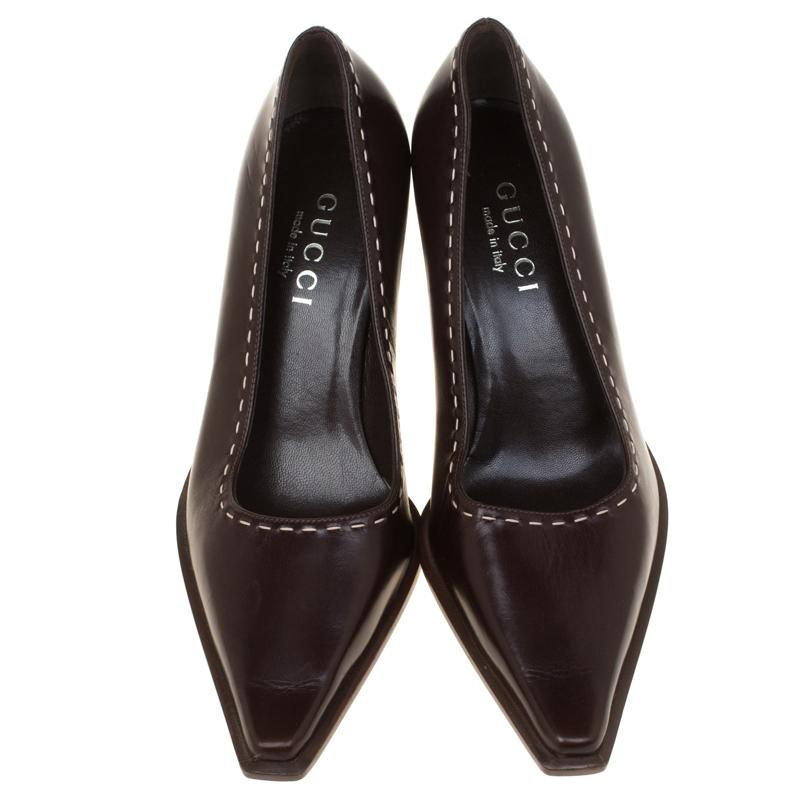 Black Gucci Brown Leather Pointed Toe Pumps Size 34 For Sale