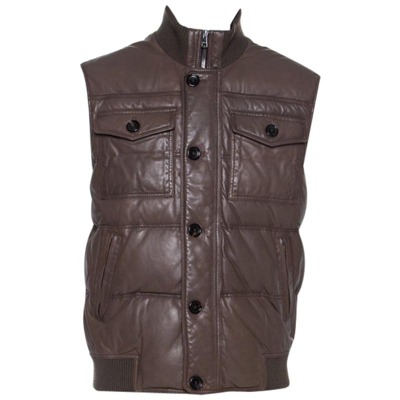 Gucci Brown Leather Quilted Bomber Jacket M