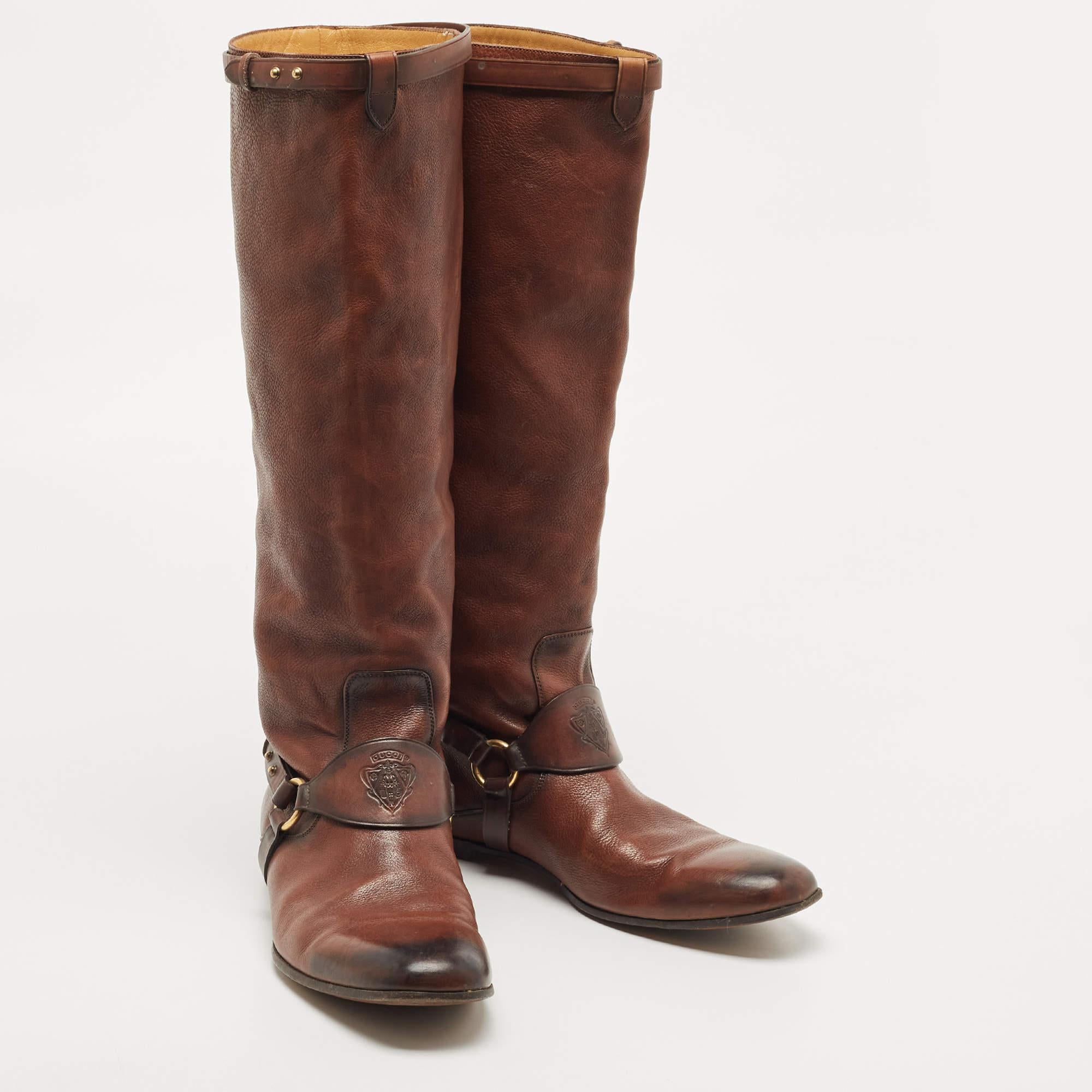 Gucci Brown Leather Riding Knee Boots Size 39.5 In Good Condition In Dubai, Al Qouz 2