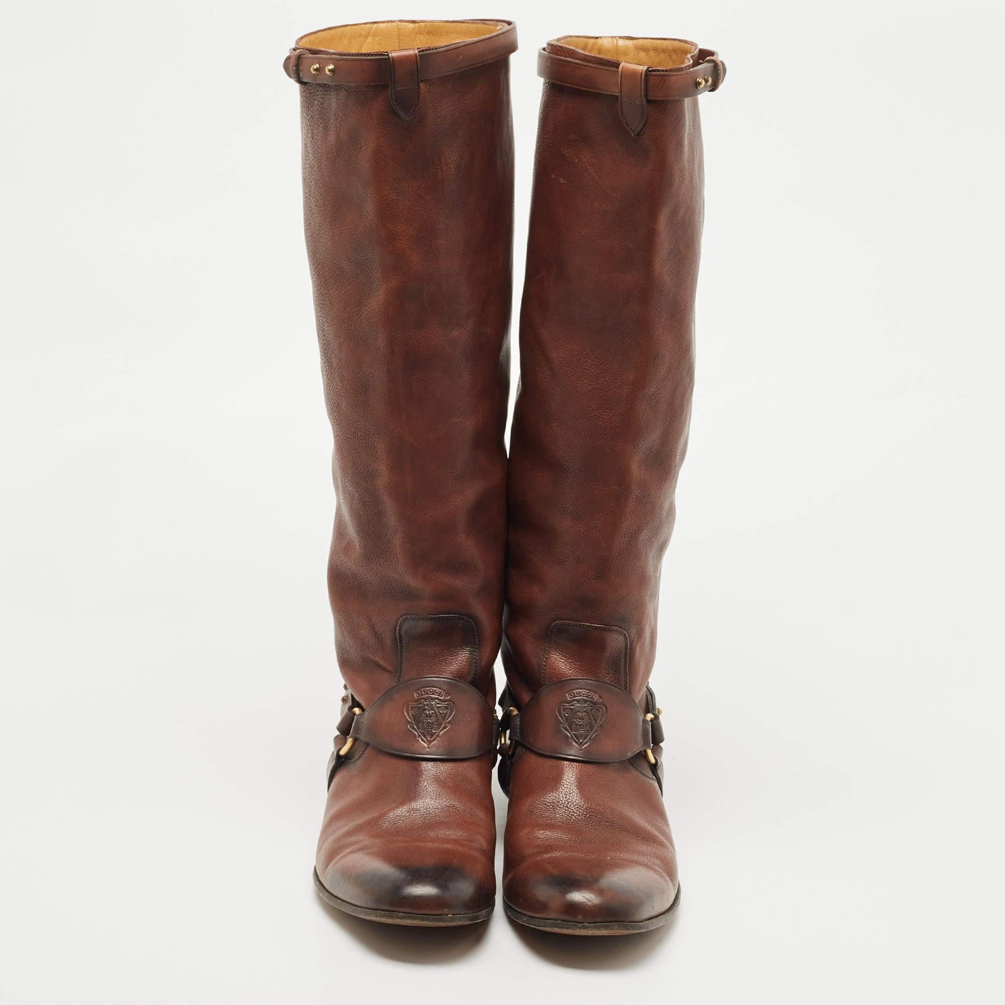 Gucci Brown Leather Riding Knee Boots Size 39.5 1