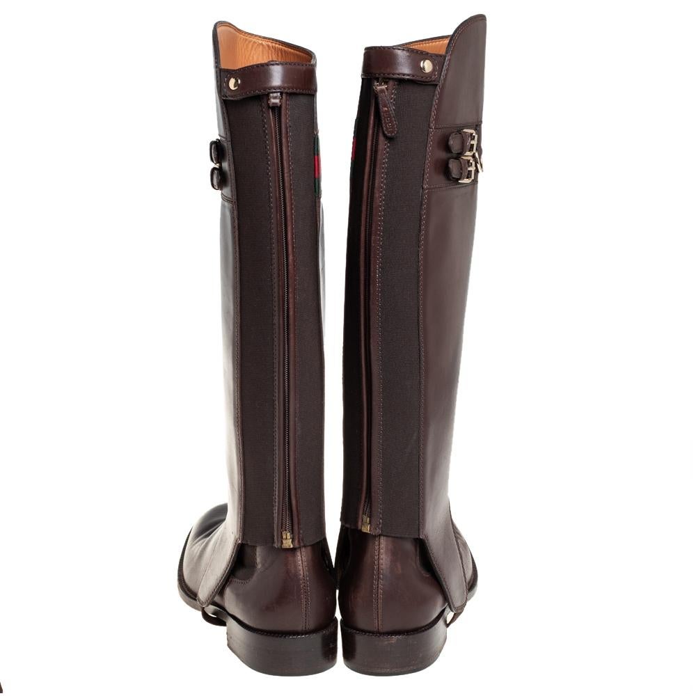 Black Gucci Brown Leather Riding Web Detail Knee Length Boots Size 40.5