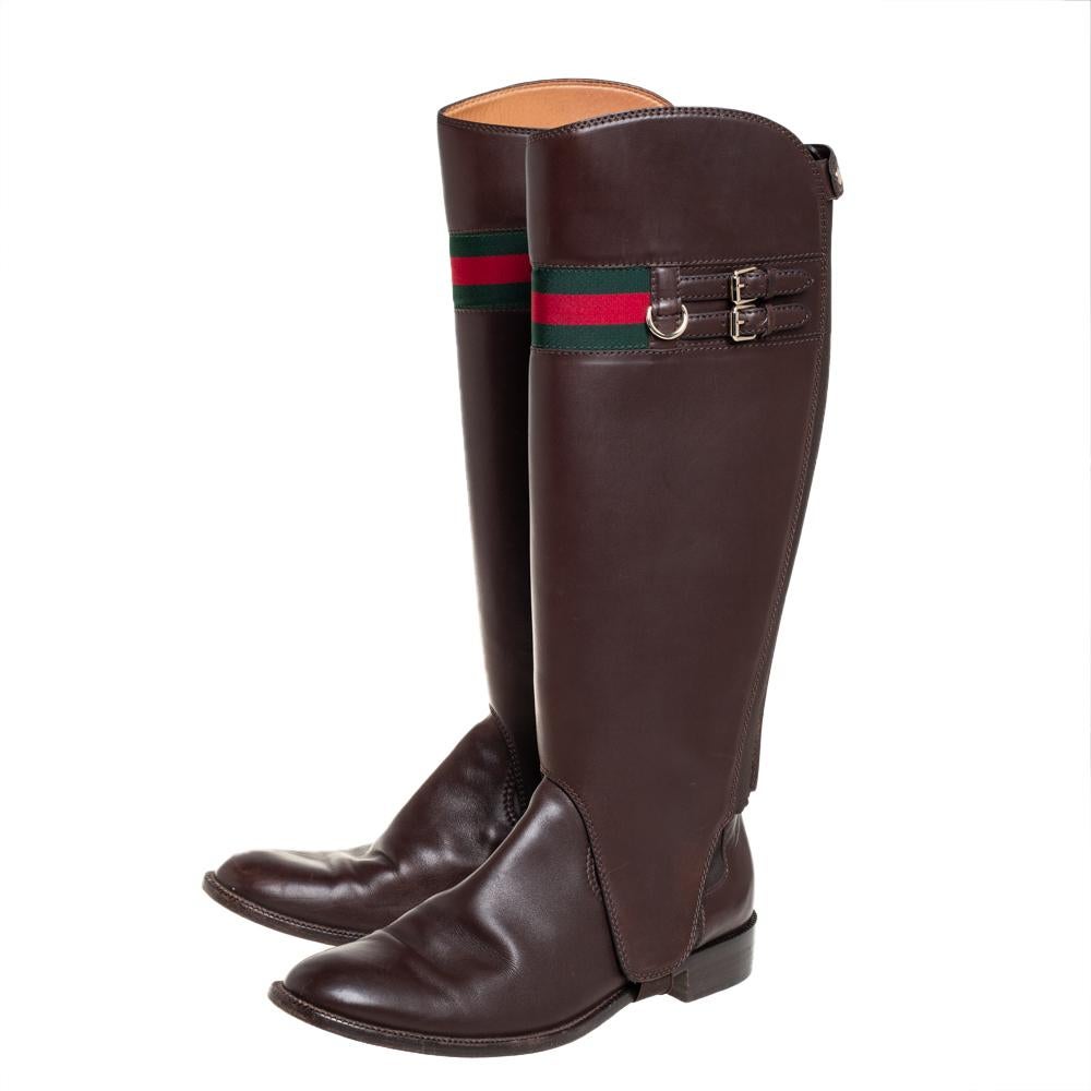 Gucci Brown Leather Riding Web Detail Knee Length Boots Size 40.5 2