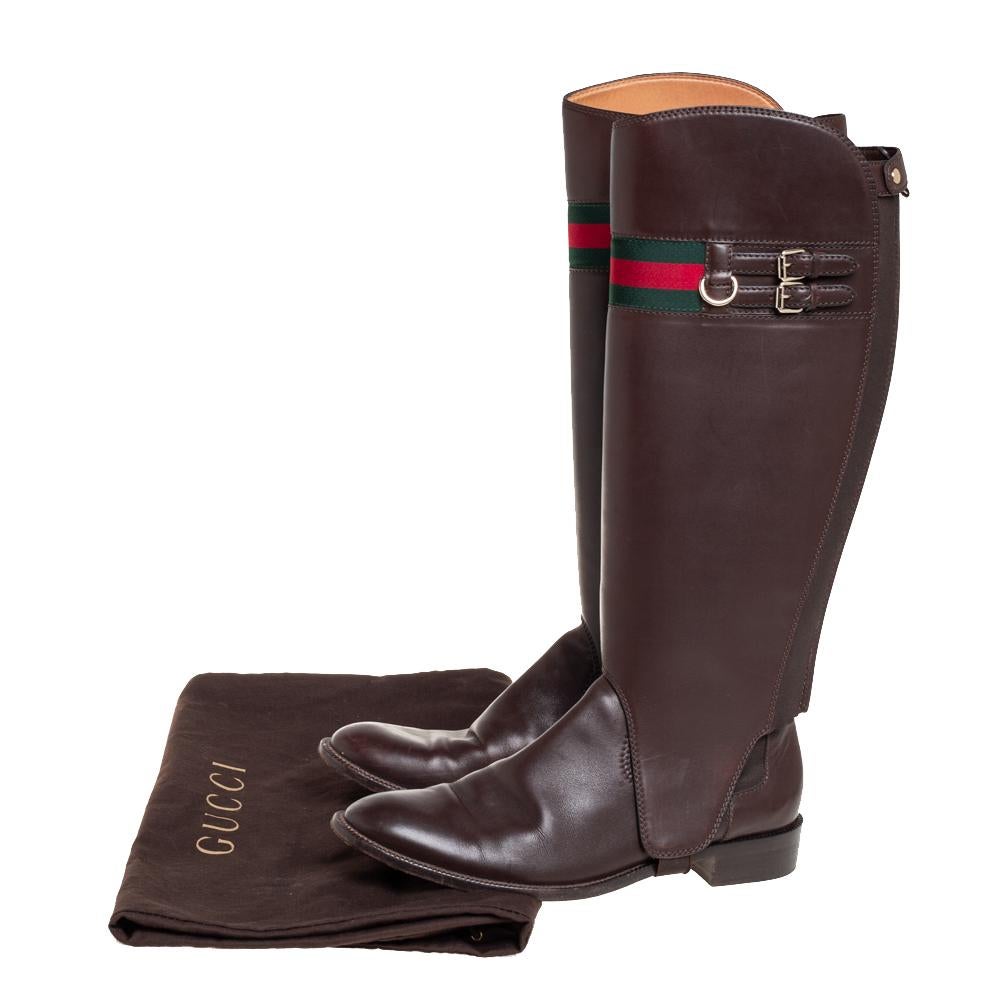 Gucci Brown Leather Riding Web Detail Knee Length Boots Size 40.5 3