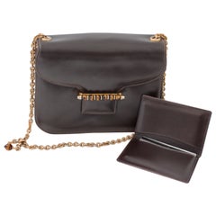 Gucci Brown Leather Shoulder Bag Tiger's Eye Clasp Gilt Chain + Mirror 80s
