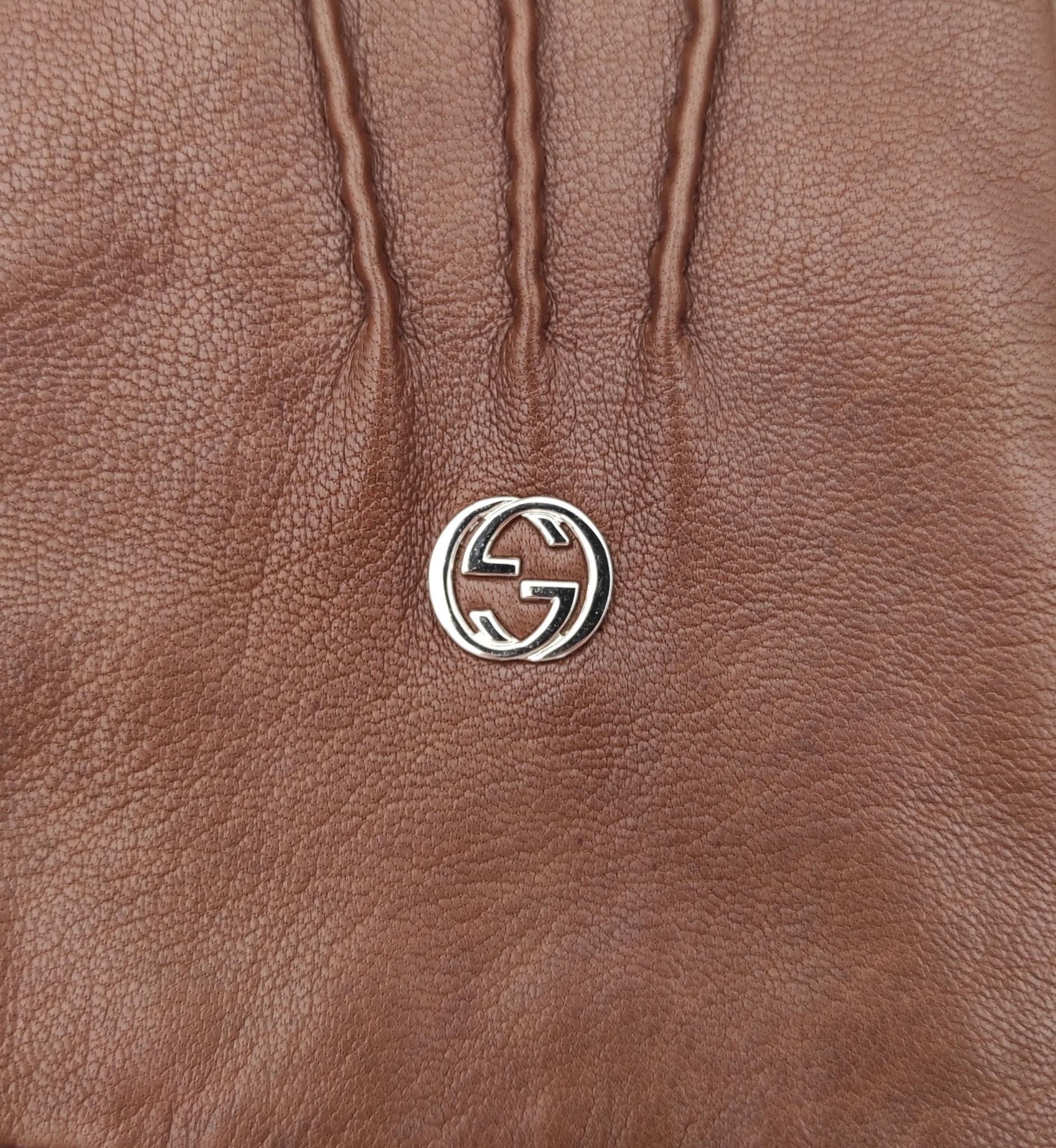 Brown Gucci brown leather silver metal logo gloves For Sale