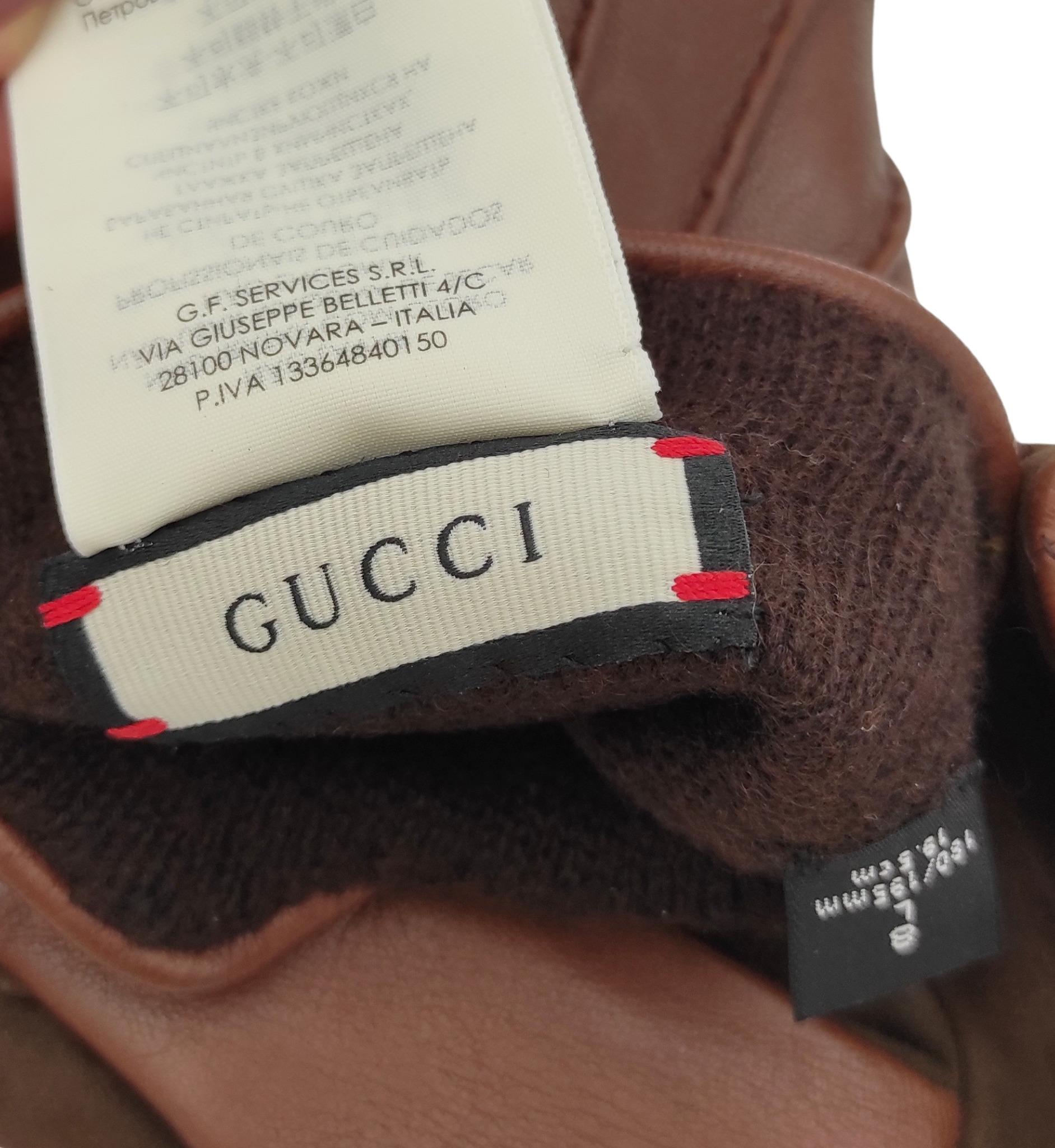 Gucci brown leather silver metal logo gloves For Sale 1