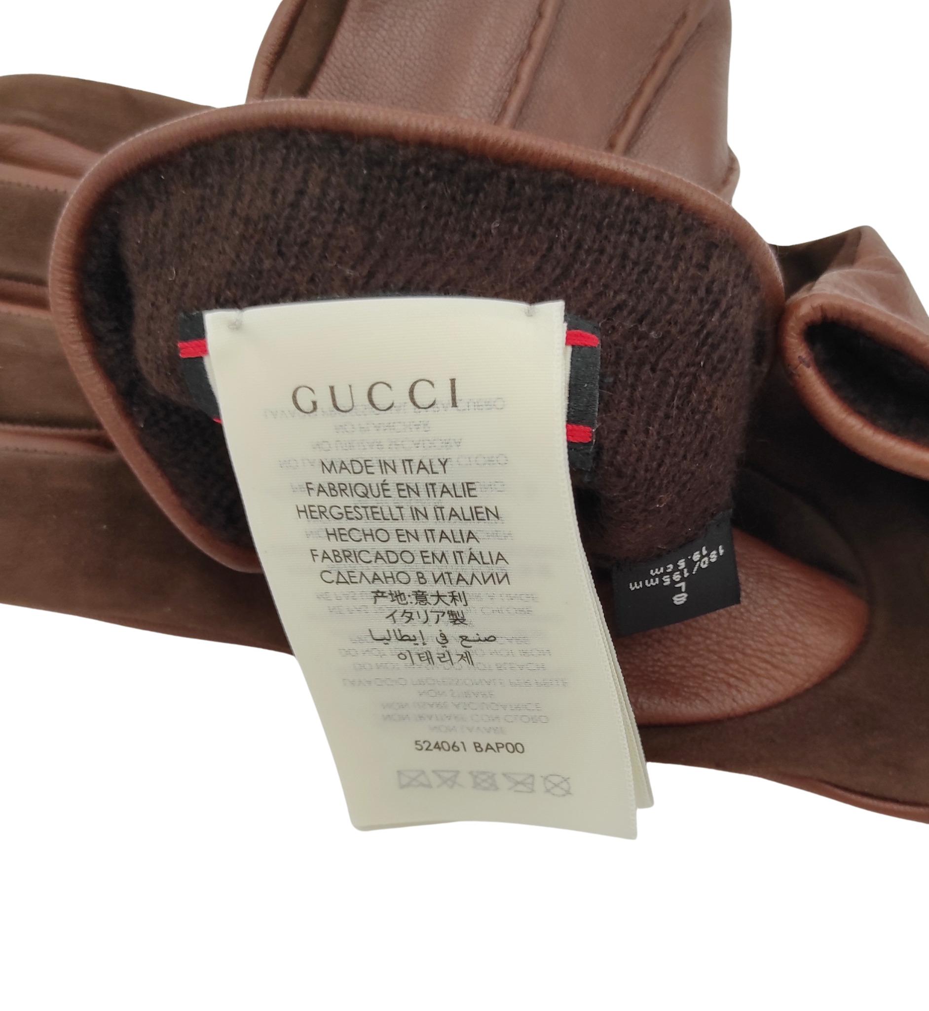 Gucci brown leather silver metal logo gloves For Sale 2