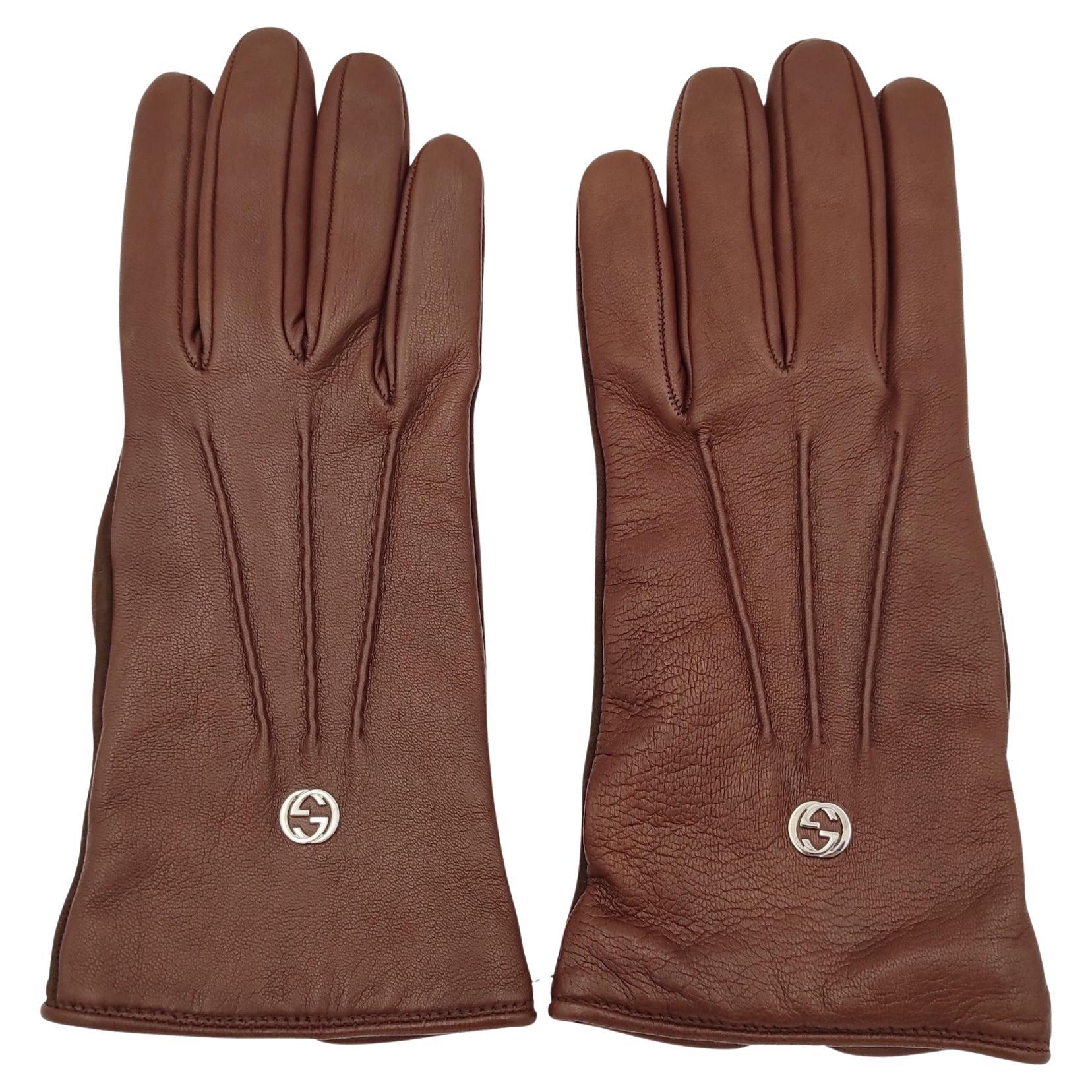 Gucci brown leather silver metal logo gloves