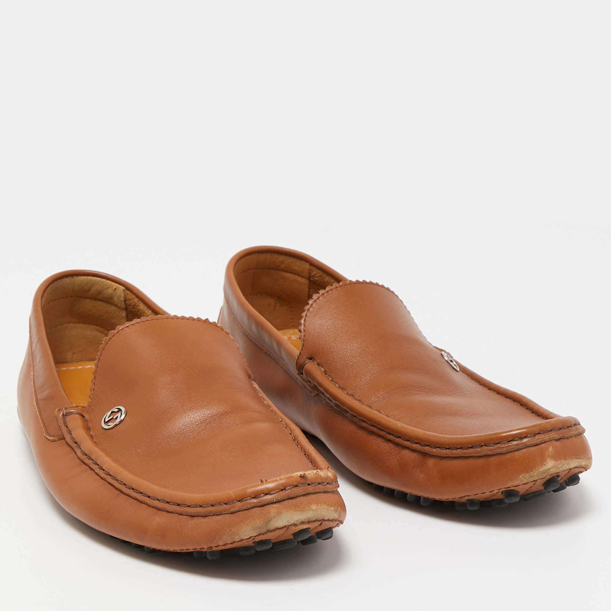 Men's Gucci Brown Leather Slip On Loafers Size 43.5 For Sale