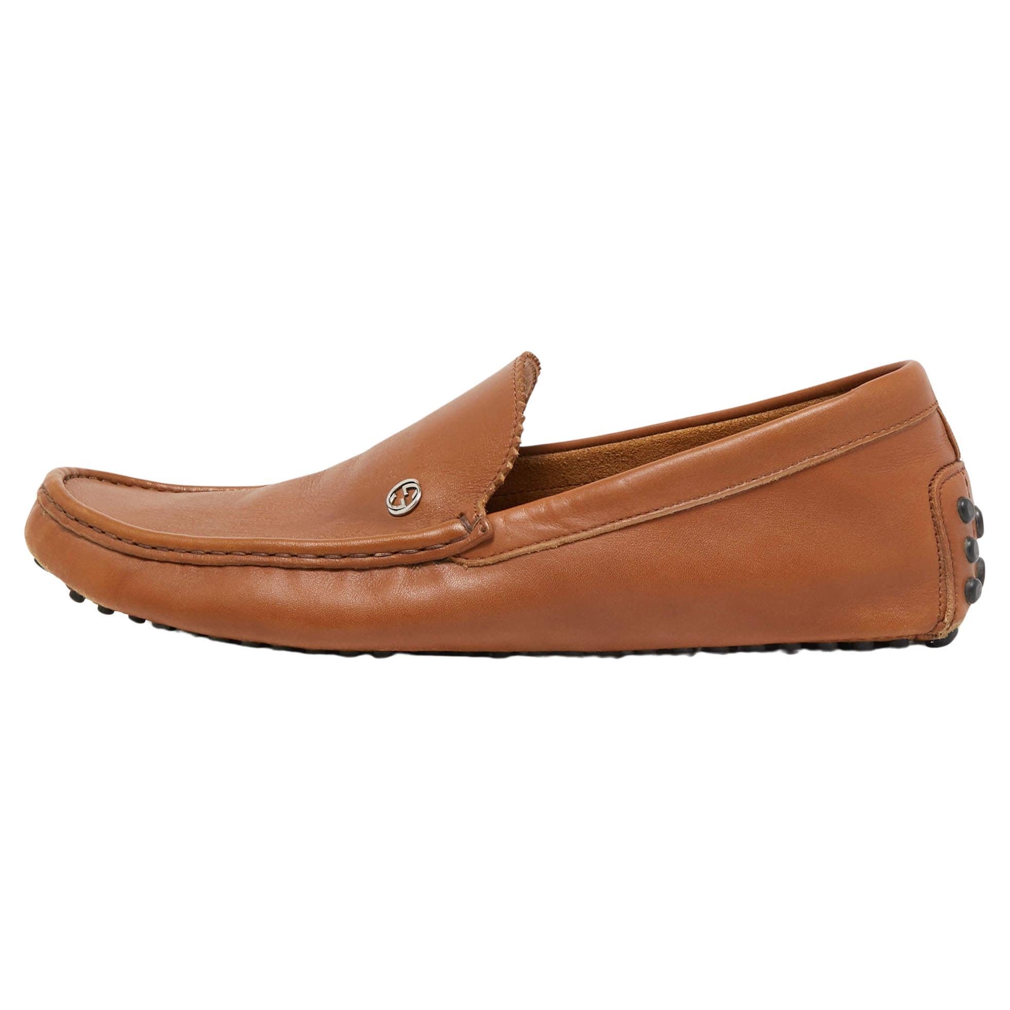 Gucci Brown Leather Slip On Loafers Size 43.5 For Sale