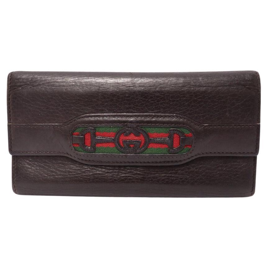 Gucci Brown Leather Striped Logo Wallet For Sale
