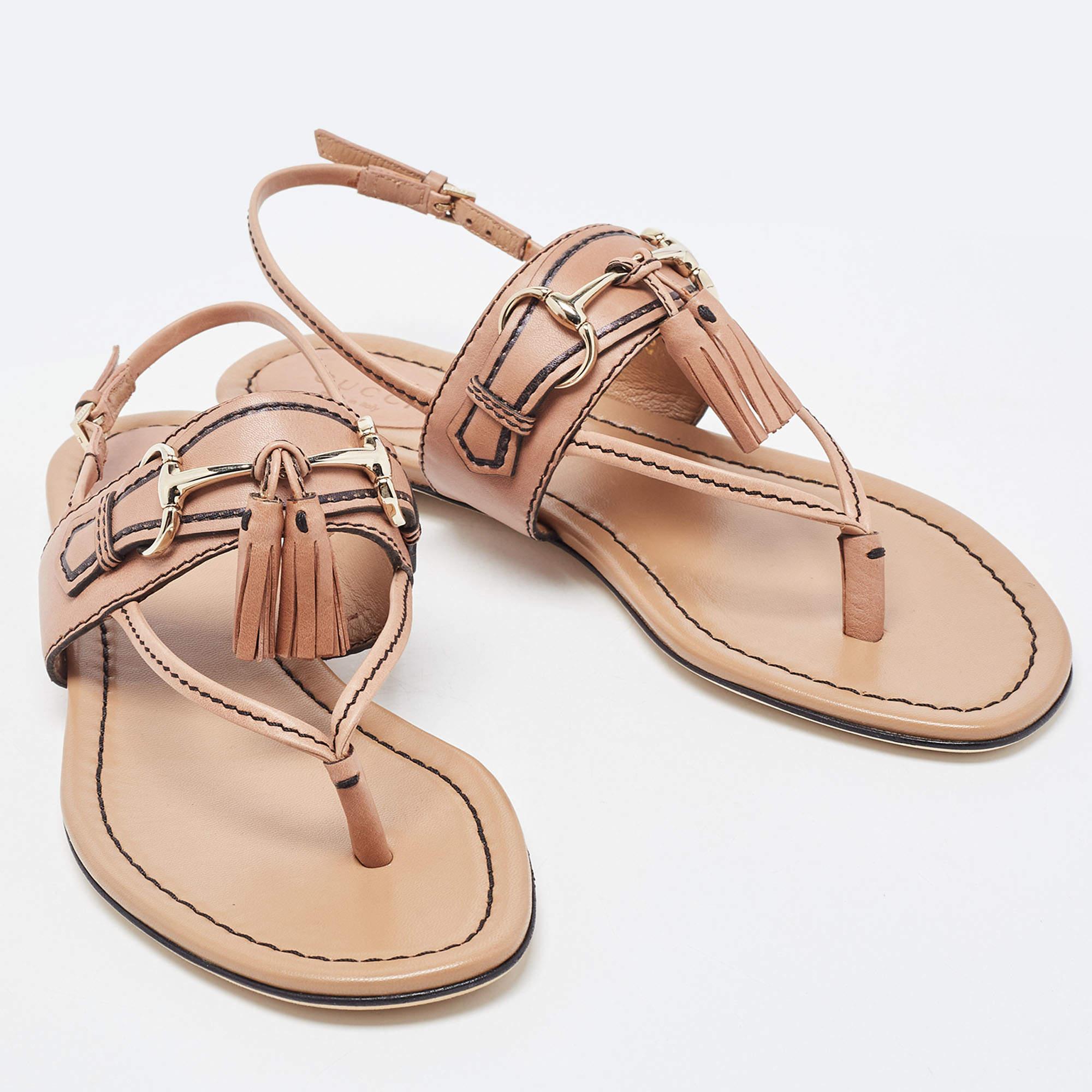 Beige Gucci Brown Leather T-Strap Flat Sandals Size 37.5