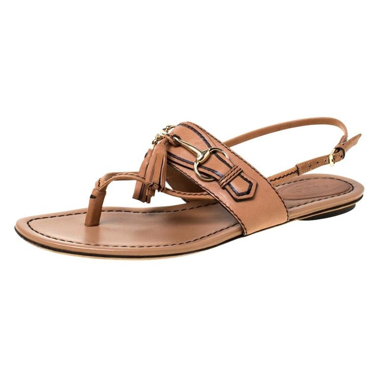 Gucci Brown Leather Tassel Horsebit Thong Flat Sandals Size 37 For Sale ...
