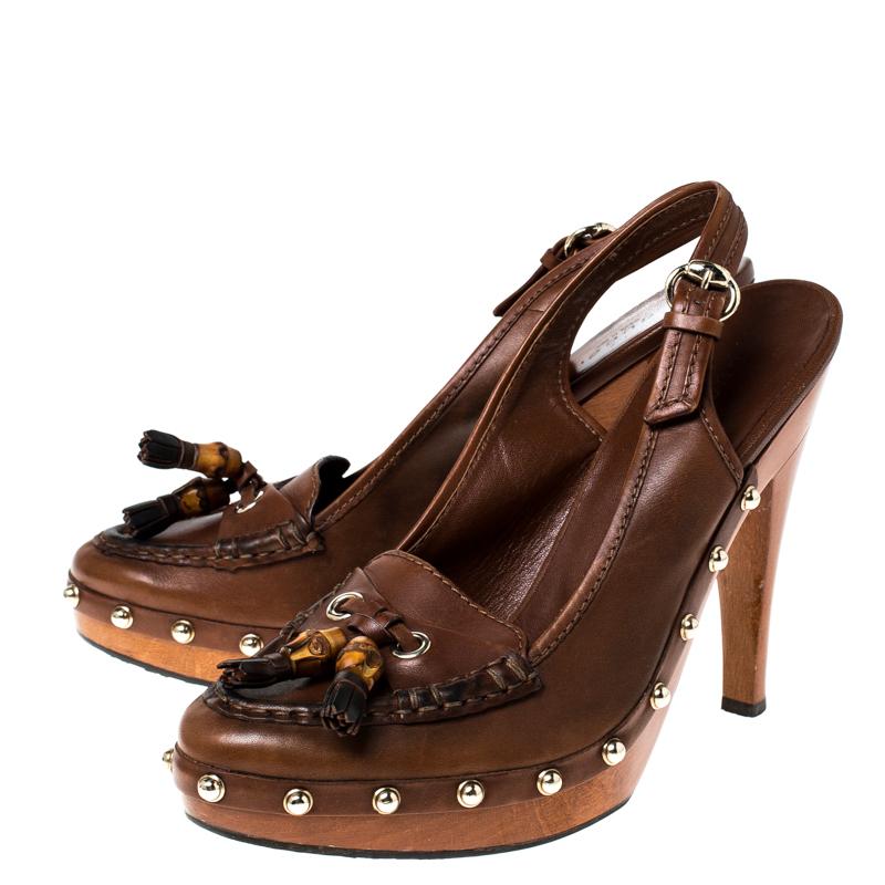 Gucci Brown Leather Tassel Loafer Slingback Clogs Size 38.5 2