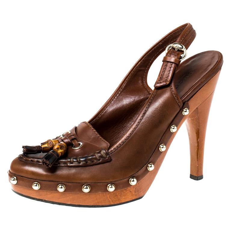 Gucci Brown Leather Tassel Loafer Slingback Clogs Size 38.5 at 1stDibs