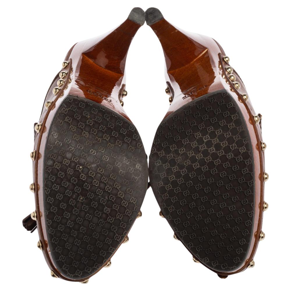 Women's Gucci Brown Leather Tassel Platform Clog Sandals Size 37.5