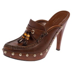 Gucci Brown Leather Tassel Platform Clog Sandals Size 37.5