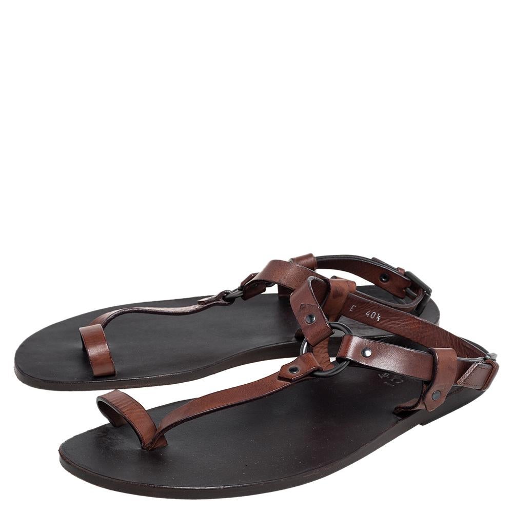 Gucci Brown Leather Toe Ring Sling Buckle Flat Sandals Size 40.5 1