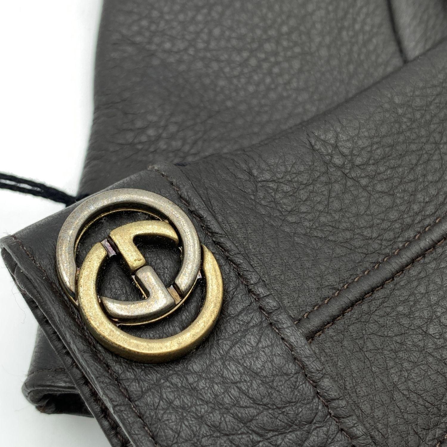 Gucci Brown Leather Unisex GG Logo Gloves Cahsmere Lining Size 9 L In Good Condition For Sale In Rome, Rome