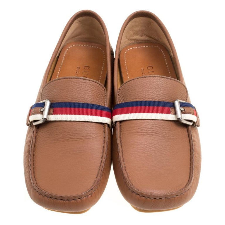 Gucci Brown Leather Web Buckle Driver Loafers Size 41.5 For Sale at 1stDibs
