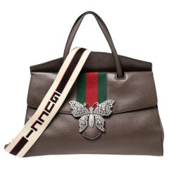 Gucci Brown Leather Web Butterfly Embellished Large Linea Totem Tote