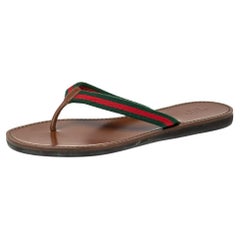 Gucci Brown Leather & Web Canvas Thong Flats Size 37
