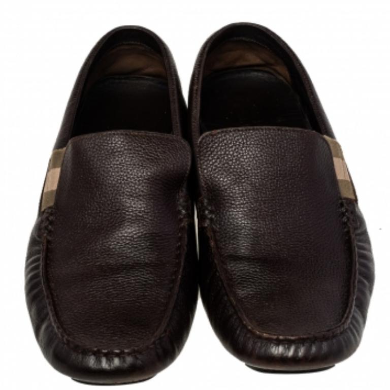 Gucci Brown Leather Web Detail Slip-On Loafers Size 43 In Good Condition In Dubai, Al Qouz 2