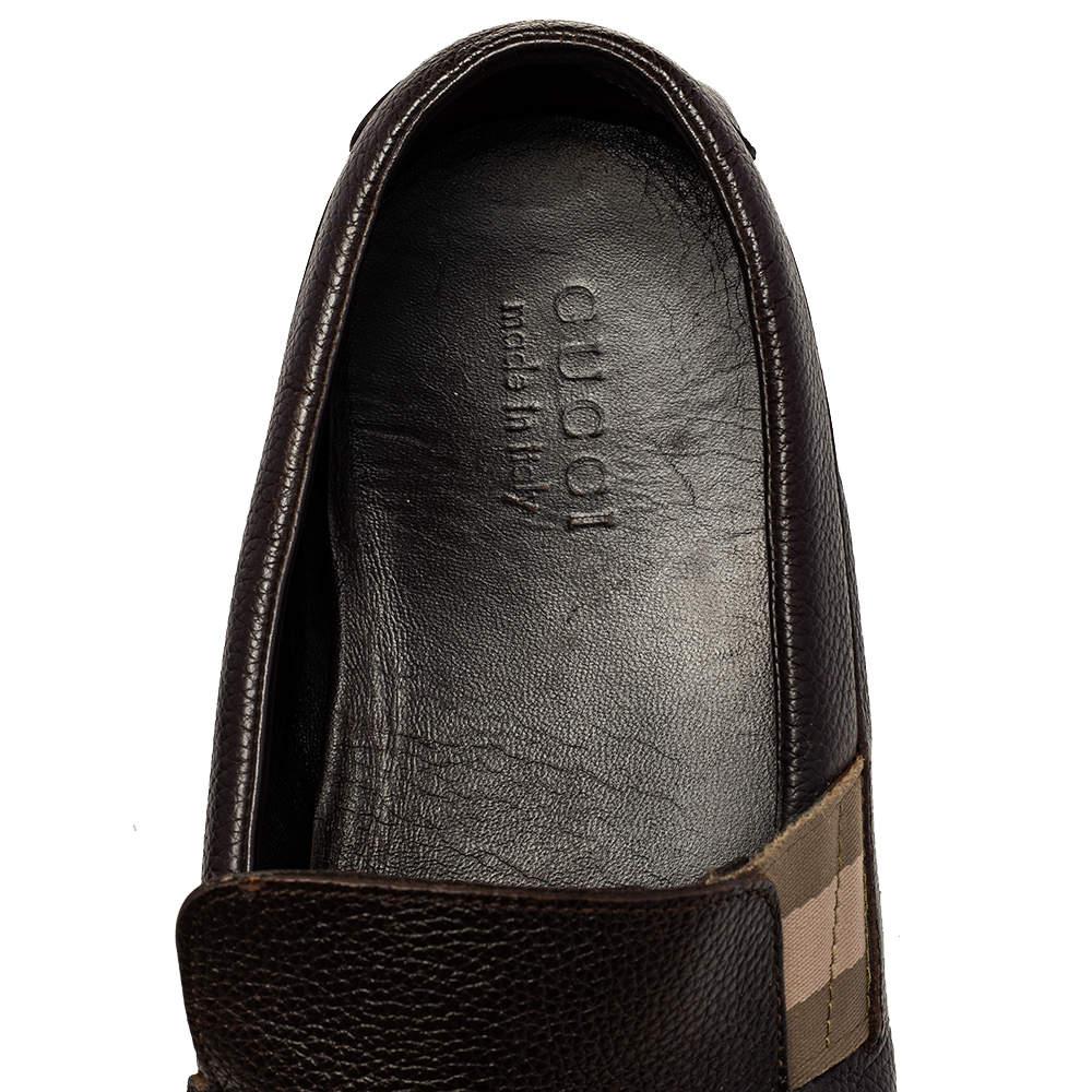 Gucci Brown Leather Web Detail Slip-On Loafers Size 43 For Sale 3
