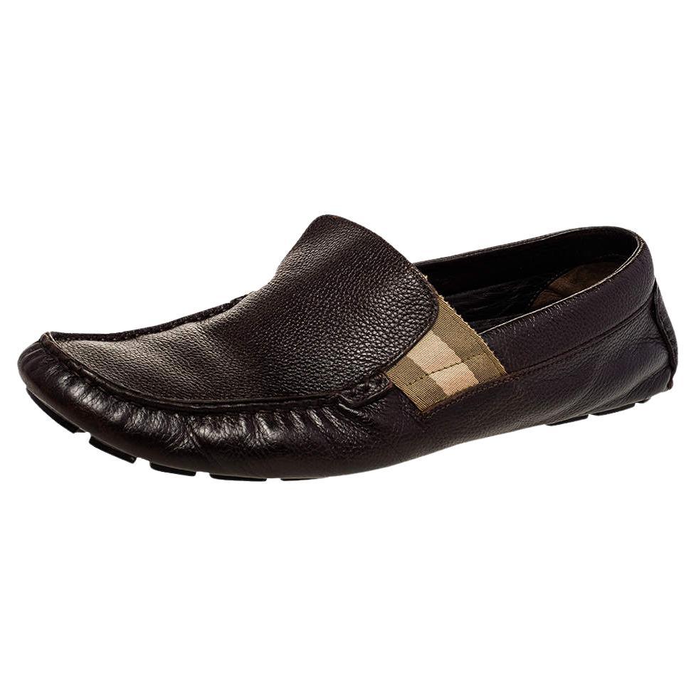 Gucci Brown Leather Web Detail Slip-On Loafers Size 43 For Sale